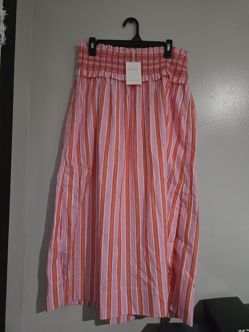 Pink and Orange Striped Midi Skirt with Smocked Waist